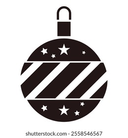 Christmas ornament, patriotic, American flag design, stars and stripes, black and white, minimalist, graphic illustration, holiday decoration, bauble silhouette, vector art, festive icon, monochrome.