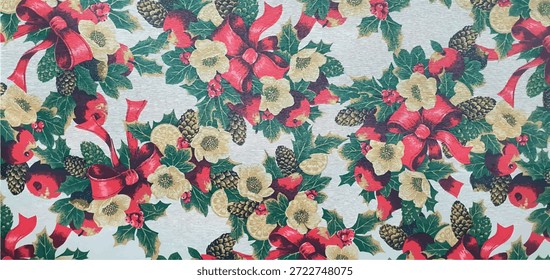 Ornamento de Natal com cones de pinho, um arco vermelho, flores e ramos de abeto. Impressão de Natal em tecido, papel, design de embalagem e fundo.