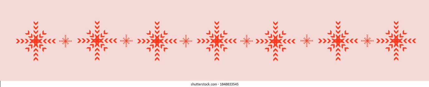 Christmas ornament in red. Red outline. Snowflakes in a row. Merry Christmas. Decoration for a gift, creativity. Vector. A strip of snowflakes.