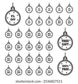 Christmas Ornament Sale Icon. Discounts and gifts. With percentage from one to two hundred. Perfect for Promoting Holiday Discounts. Decoration ball vector in lineal style.