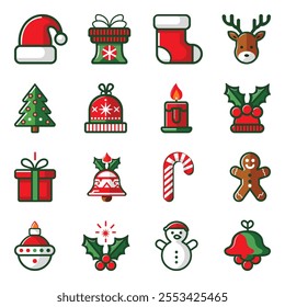 Christmas ornament, Santa hat, icon symbol, gift, star shape, December, icon set, holly, Santa Claus, sticker, merry Christmas elements, Set of Christmas minimalist geometric elements.