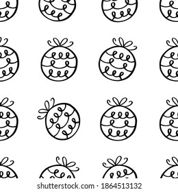 Christmas Ornament seamless pattern. Cute black and white doodle wallpaper. New year and Christmas balls. Hand drawn background for holiday design. EPS 8