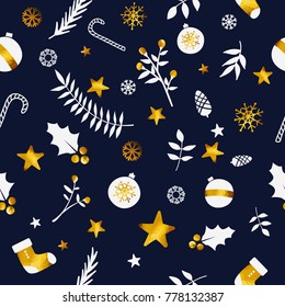 Christmas Ornament Seamless Pattern Gold Dark Blue Navy Background