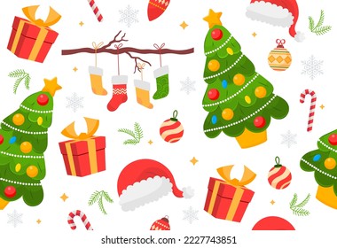 Christmas ornament seamless pattern. Repeating design element for printing on wrapping paper. New Year and winter season. Gift, Christmas tree, Santas hat and toy. Cartoon flat vector illustration