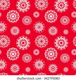 Christmas ornament seamless white snowflakes on a red background
