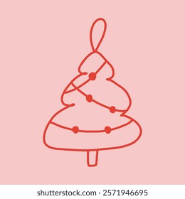 Christmas ornament in shape of tree in cute doodle style, vector illustration isolated on pink background. Hand drawn outline of hanging Christmas tree decoration.
