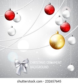 Christmas ornament shiny background, vector winter snowy holiday illustration with white, red and golden decorative balls 
