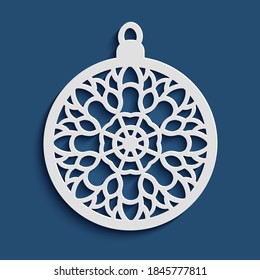 Christmas ornament with snowflake pattern, xmas bauble with lace texture, cutout paper round decoration, vector template for laser cutting