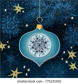 Christmas Ornament and Snowflakes Background; color palette blues and gold with a textured background of pine needles. Retro style inspired by mid-century modern illustration