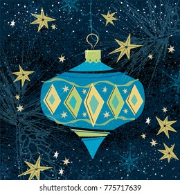 Christmas Ornament and Snowflakes Background; color palette blues and gold with a textured background of pine needles. Retro style inspired by mid-century modern illustration
