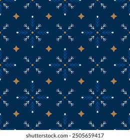 Christmas ornament with snowflakes on a blue background. New Year seamless pattern. Can be used for wallpaper, textile design, and website decoration. 