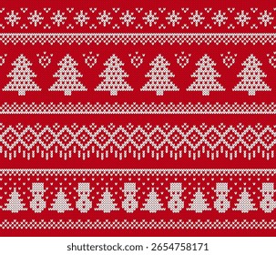 Christmas ornament with snowman, snowflakes, trees, knit seamless pattern. Festive Xmas ugly elements. Fair isle sweater xmas border. Knitted print. Vector illustration