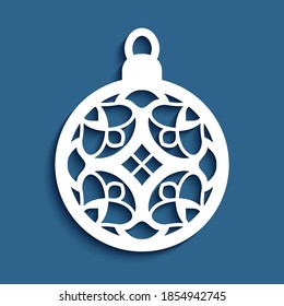 Christmas ornament with stencil pattern on blue background, xmas bauble with lace texture, cutout paper round decoration, vector template for cutting