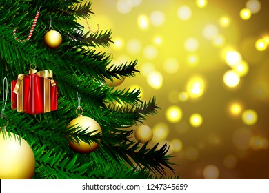 Christmas ornament  and Christmas tree with gold bokeh background