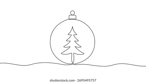Adorno de Navidades con un árbol de Navidad en el interior en un estilo de arte de línea. Dibujo de una decoración festiva con un trazo negro editable sobre un fondo blanco. Ilustración vectorial.