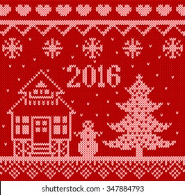 Christmas ornament. Tree Snowman and snowflake. Red vector background.