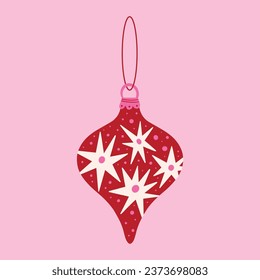 Christmas ornament vector illustration, pink and red Christmas ball hand drawn art, hanging xmas bauble decoration
