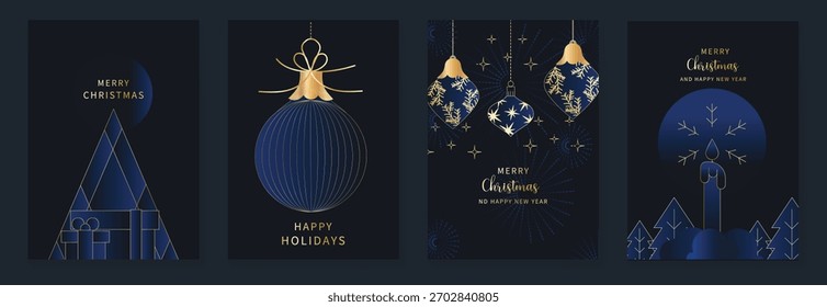 Conjunto de póster de Vector de adorno de Navidades con adornos de oro, cinta, estrellas y Formas de árboles de invierno en azul marino profundo: diseño de vacaciones de lujo para Navidades y tarjetas de felicitación del año Nuevo.