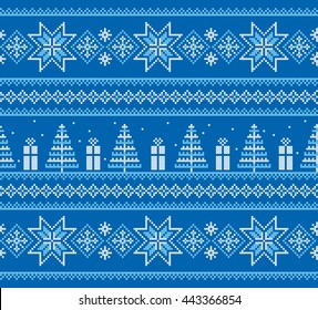 Christmas ornament. Winter. Scandinavian style. Scheme of knitting and embroidery. Cross stitch. Vector seamless pattern.