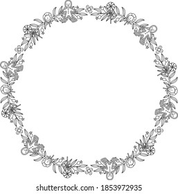 Christmas ornament wreath frame vector illustration set black and white Silhouette. Christmas decoration with leaves, berries, pine cone, ribbon, mistletoe and cute Christmas ornaments.
