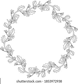 Christmas ornament wreath frame vector illustration set black and white Silhouette. Christmas decoration with leaves, berries, pine cone, ribbon, mistletoe and cute Christmas ornaments.
