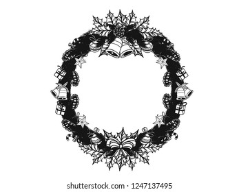 christmas ornament wreath silhouette on white background.Black and white graphic vector by hand drawing