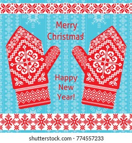 Christmas ornamental card with red mittens and traditional ornament