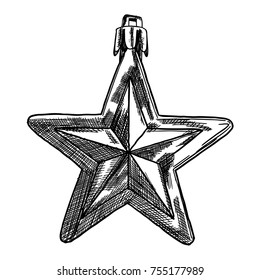 Christmas ornamental in form of star, glass decoration elements for hanging on the tree isolated on white background. Hand drawn Holiday evening toy  for New year decorations with garlands. Vector. 