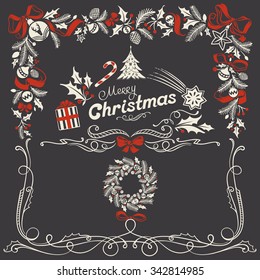 Christmas Ornamental Frame and a Festive Header in Freehand Chalk-drawing Style with Red Ribbons and Bow