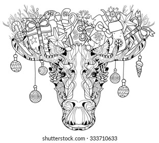 Christmas ornamental head of elk. Black-and-white doodle. Layered vector illustration.