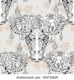 Christmas ornamental head of elk seamless pattern. Black-and-white doodle. Layered vector illustration.