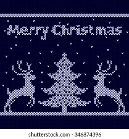 Christmas ornamental knitting card with deers and tree. Vector background.
