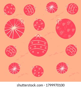 Christmas ornamental. New year elements. Red balls at the peach color backdrop. Image for wallpaper, background, textile, design and postcard. Vector illustration.