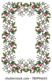 Christmas ornamental rectangular frame. Holly branches with leafs and berries. Christmas greeting card template. EPS10 vector illustration
