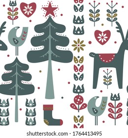 Christmas ornamental seamless pattern with stylised deer, trees and flowers, 