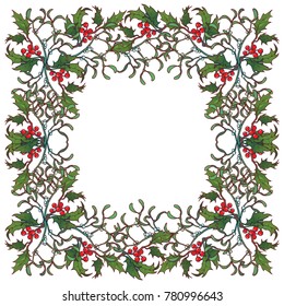 Christmas ornamental square frame. Holly branches with leafs and berries. Christmas greeting card template. EPS10 vector illustration