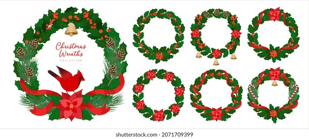 Christmas ornamental wreaths set in traditional vintage style. Vector green decorative holly wreaths with ornaments. Round frames for Christmas cards and winter design. Xmas elements isolated on white