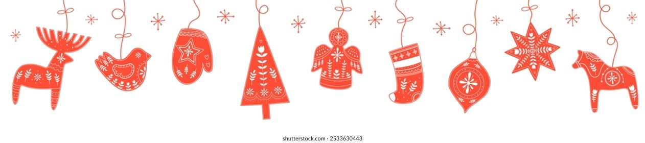 Christmas ornament.Christmas beautiful baubles and decorations for border,background design.Hand drawn hanging balls.Winter scandinavian symbols on transparent background.Vector illustration Eps 10