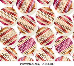 Christmas ornamented bauble seamless pattern.  New year tree traditional decoration vector illustration. Christmas glass balls set in red and gold colors.
