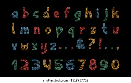 Christmas ornaments alphabet vector color outline typeset. Lowercase letters with doodle pattern. Festive numbers and symbols set. New Year, winter season holidays celebration creative font
