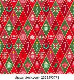 Christmas Ornaments in Argyle Xmas Theme. Cute Style. Seamless Pattern. Wrapping paper, gift, wallpaper. Vector.