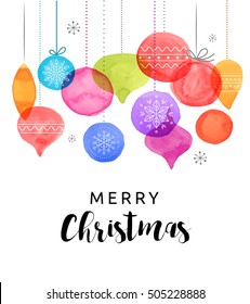 Christmas ornaments background, watercolor vibrant colors Christmas decoration, Merry Christmas greeting card