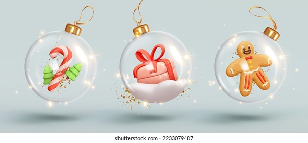 Christmas ornaments ball. Set Transparent glass Christmas balls with snow inside and gift box, gingerbread man, candy cane. Xmas decoration design. New Year's holiday objects. vector illustration