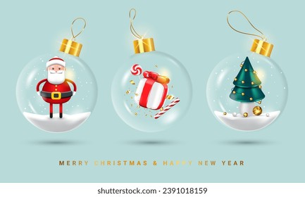 Christmas ornaments ball. Set Transparent glass Christmas balls with snow inside and gift box, Santa Claus, Christmas tree. Xmas decoration design. New Year's holiday objects. Vector illustration