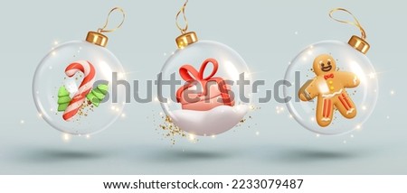 Christmas ornaments ball. Set Transparent glass Christmas balls with snow inside and gift box, gingerbread man, candy cane. Xmas decoration design. New Year's holiday objects. vector illustration