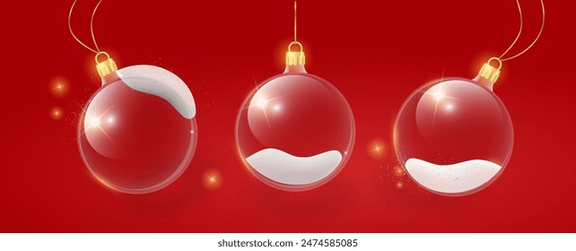 Christmas ornaments ball. Transparent glass 3d Christmas balls. Realistic Xmas decoration. New Year's holiday objects. Vector