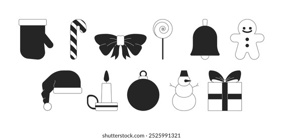 Christmas ornaments black and white 2D line objects set. Xmas adornments. Christmastide festive december decorations isolated clip arts vector outline items collection. Monochrome spot illustrations