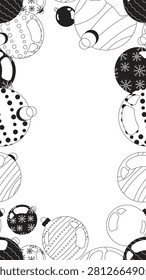 Christmas ornaments black and white vertical border copyspace. Baubles. Seamless repeat pattern frame. Flat line graphic composition with copy space. Outline vector background. Social media template