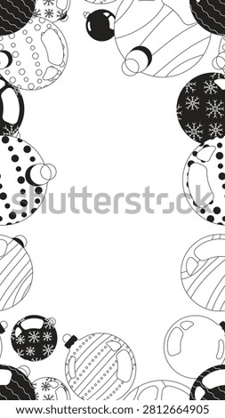 Christmas ornaments black and white vertical border copyspace. Baubles. Seamless repeat pattern frame. Flat line graphic composition with copy space. Outline vector background. Social media template