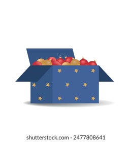 Christmas Ornaments in blue cardboard box with yellow stars. Christmas red and gold balls. Vector illustration on white